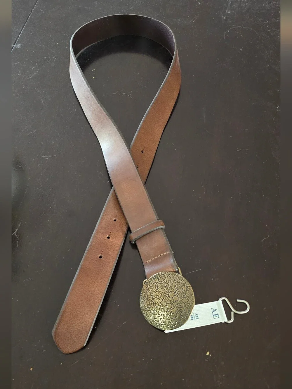 American Eagle Brown Leather Belt with Ornate Gold Buckle